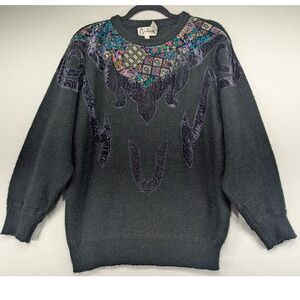 Carducci Vintage 80s 90s Black Knit Sweater Lurex Paisley‎ Velvet Applique